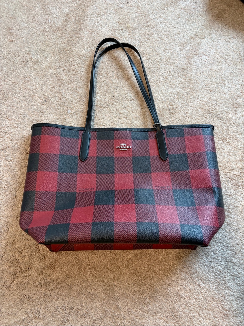 Coach Red and Black Buffalo Plaid Tote